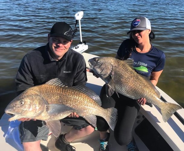 Jamie and Buddy has a blast catching plenty of big black drum today! #blackdrum  #portcanaveral #slightlyobsessed #getslobbed #deepseafishing #nearshorefishing #inshorefishing #fishingcharters #flatsfishing #spacecoast #florida #mbgboats #maverickboats #pathfinderboats #fishthelegend #minnkotamotors #yeticoolers #rcioptics #powerpole #suzukioutboards