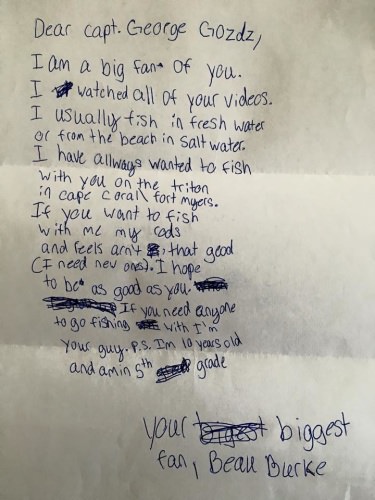 Capt.George Gozdz getting some great mail from his Biggest Fan. Great job inspiring our future generation of anglers! Cajun Custom Rods, Canyon Reels - Sounds like this young angler may be in need of some new gear! Michael Jordan is a fan of Capt. George too. http://bit.ly/1QaO2k6