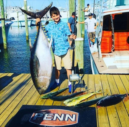 Bravo to 11 yr old Mason Kohler on this 162# Bigeye Tuna caught onboard Marli Sportfishing with Capt. Mark Hoos. The Largest Bigeye in #OCMD this year. #Marli #PennReels #Tuna #Sportfishing #Ocean #Adventure #Bigeye #Tuna #FinandField