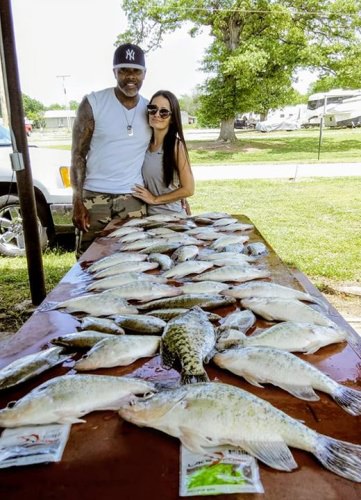 Brandon and Kristie fishing with D&K Guide Service on lake Eufaula. We kept 65 caught at least a 100 we culled quite a few for next year's fishing. That fish Brandon is holding was a 2.2 pound crappie. Same pattern caught them shallow and also caught post spawn fish that were eating #lakeforktackle. I guess the banana did not hurt our day lol.