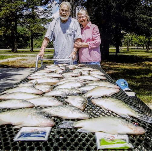 Bill and Diana fishing with D&K Guideservice Bill just recovering from a bad stroke he called the trip at 11:30 we did not start till 9:00 so supper productive for 2 hours and 30 min of fishing. Due to his health and condition it really  made me think someone upstairs touched the water and made the fish bite like crazy for Mr Bill just makes you think that's all I'm saying. #lakeforktackle these baits are amazing.