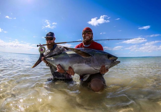 Big eye tuna in swallow water!? Flats angler lands a big eye tuna after 2 1/2 hours. #Fishing #Bigeye #Tuna #Adventure #FinandField