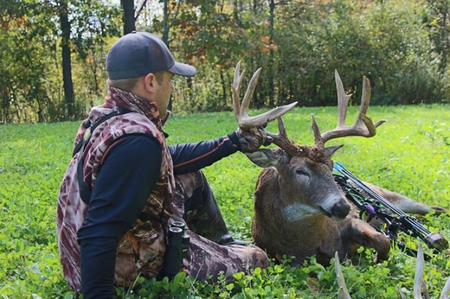 Minnesota bowhunter Ryan Meyers shot this big buck in Buffalo County, Wisconsin. The mainframe 8-point grossed 165, thanks to plenty of junk and 40 inches of mass measurements. Meyers said the buck was in the area last year, but disappeared over the summer. “He moved back in on Sept. 29, and then he was just all over the place,” he said. “We were getting all kinds of daylight pictures of him.” Meyers took advantage of a cold front last week and shot the buck 45 minutes before dark. “We had a 15-minute stare down, and then he disappeared,” Meyers said. “He came back out 20 minutes later, and I took the first 30-yard shot he gave me.” —Scott Bestul, whitetails editor #RutReporters2016