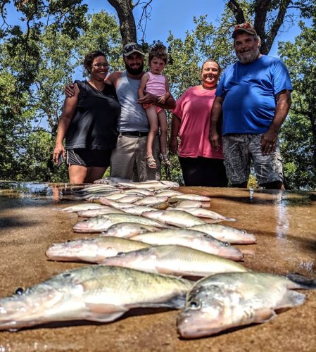 Buddy LaRue and his family fishing with D&K Guide  service on Lake Eufaula. What an interesting weather day we had started out dodging lightning then after three wind switches the wind died and it got hot so we said Peace out, With a decent dinner pile. Thanks for you return business Buddy see y'all tomorrow for another round. going after a different species for our next adventure.