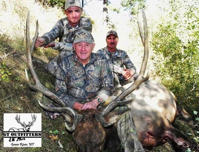 75 years young! Gordon got an awesome Book Cliff Bull with GT Outfitter. Book your Elk, Mountain Lion, Bear, Bighorn Sheep, Bison, or Deer hunting adventure be visiting GT's profile at http://bit.ly/2cJrLcV. Profile has more info, photos, prices, and more. #Utah #Hunting #BookAHunt #FinandField #GTOutfitters #Bear #Lion #Sheep #Elk #Deer #Bison