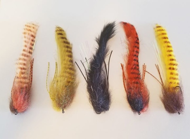 Winter time is a good time to sling around some meat. Fished on a full sink or sink tip fly line, the "Whodat" streamer darts and dives in the water and has caught some very nice Trout, Pike and Bass. Flat brimmed hat not required.

WHODAT STREAMER
Hook: #2 or 4 Gamakatsu B10S 
Weight: Medium MFC barbell with red eye
Thread: Black 140 Veevus
Tail: Magnum barred rabbit strip
Under tail: Pearl Flashabou
Legs: Silicone sili legs
Head: Senyo's lazer dub

Tying tips:
Tie the lead barbell weight to the top of the hook shank so the fly rides hook point up.