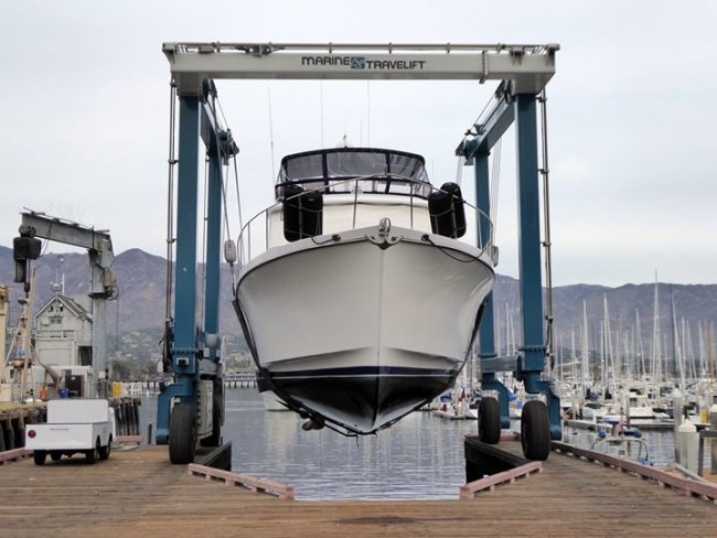 Ocean Alexander 50 "Midnight Sun" hanging out in the slings for survey in Santa Barbara.