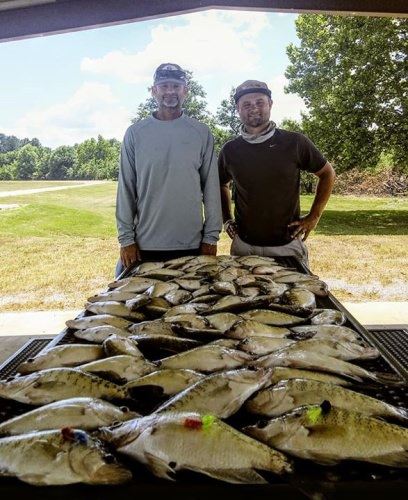 Day two for Daniel and Brett with D&K Guide Service yielding 75 crappie. These hair jigs are something else Daniel made a good point today if you miss the first bite due to the jig having texture they will hit it again witch is rare when fishing with jigs. Our pattern is shallow due to the fish taking advantage of all the fry in the lake. Thanks for fishing with me it's hot but so is the crappie bite it will hold up all summer.