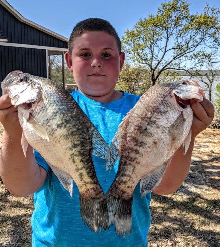 Jake and his dad Huck not photographed fishing with D&K Guide Service, Today was about jakes birthday request to catch some Eufaula pigs. So that's what we did I enjoyed running him up to fish with the live scope and watching him set the hook and bring them in. Thanks for your repeat business huck see y'all for our next trip for that summer bite.  Water temp up to 63 by mid day. Fish were in 3 to 6 feet some hugging the bottom. #bonestixcrappierods .