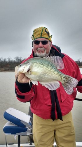 Ray Carter showing off his 2.3 pounder caught on Lake Fork Tackle. Had a cold  front upon us today but with a few adjustments we stayed on the fish. The strong east wind was a fun challenge to overcome but we had fun. Lots of laughs on the boat deck today. Thanks for fishing with D&K Guide Service.
