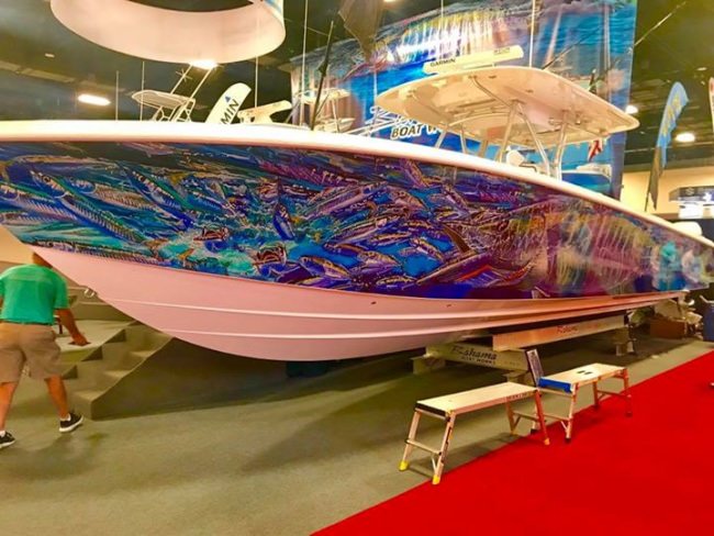 Spectacular boat wrap by Carey Chen. Stop by the Fort Lauderdale International Boat Show this weekend! #Fishing #Art #Boats #FinandField #FLIB2018
