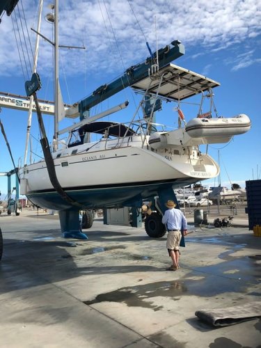 Bottoms check! Beneteau 461 "Mersea" is hanging out in the slings for survey!