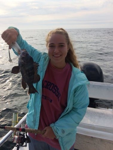 We had the Pesarchick family in the ocean today for a early morning trolling and wreck fishing trip.  The cocktail blues were still hitting the trolled clark spoons provided by Riptide B&T.  We caught sea bass up to 15" on salted clam on wrecks in 50' to 60' depths.