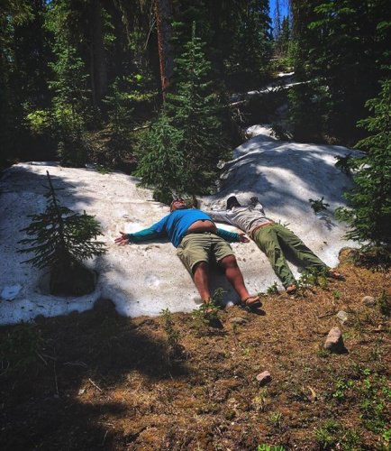 SUMMER SNOW ANGELS - After a long day of battling high alpine trout @mikesat5150 and @spkarts found a snow drift to ice down their muscles for the next 12 rounds of trout bout 2020! @orvissanantonio 
<•><•><•><•><•><•><•><•><•><•>