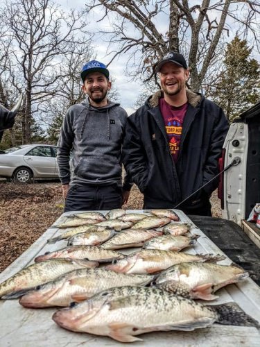 Vic and Thomas fishing with me today on lake Eufaula. We were struggling early on to even catch a fish then they turned on big time. After there quota of what they needed for a good fresh meal they threw the rest back to live another day. Had a great time gentlemen looking forward to our next trip. Fish caught 7 to 9 feet in 15 to 25 feet of water. Dead sticking was critical. #crappiecustomjigs #bonestixcrappierods .