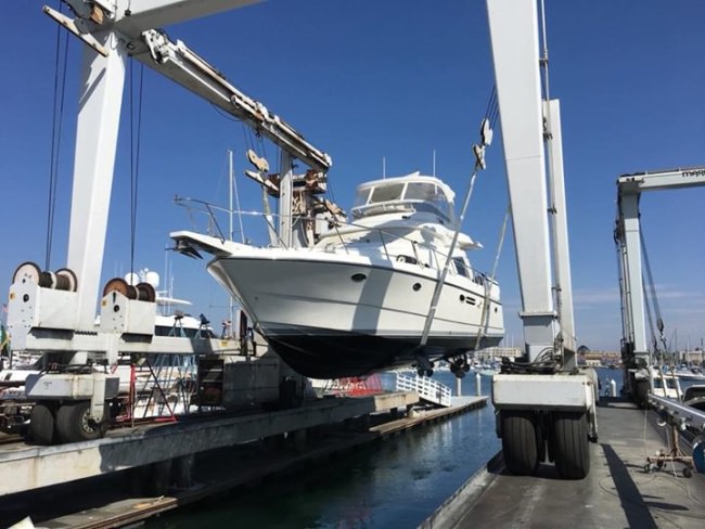 The Johnson 56 is in the slings and is just about ready for her new life in Channel Islands Harbor!