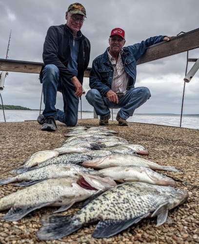 Day two with Bobby and John from Woodward Oklahoma. All we did is attack them on a cork in 10 inches of water or less. I will say there are plenty of fish roaming in three to six foot of water not on the bank yet. But sometimes the cork bite comes and goes before you know it, so we decided to have fun with it. Thanks for your repeat business Bobby See you for our next trip.