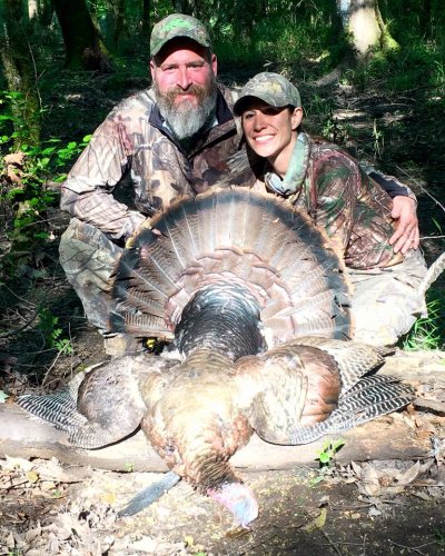Stacey Suter and Trey Freeland are very happy over Stacey's first turkey.  She made a 40 yard shot on the 16.5# bird.  He had an 11.5" beard and 1 1/8" Spurs!