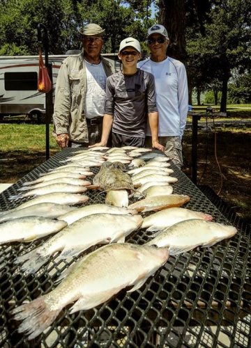 Tom and his grandson Noah  and Steve  having a great time cutting up on the lake. Wound up with a good mess of catching  56 Crappie but the morning bite was very tough and the pattern changed up a little so it was a curve ball to say the least. That's to be expected when you chase these critters.  I guess that flathead in the pic got hungry lol. Thanks for fishing with D&K Guide Service.