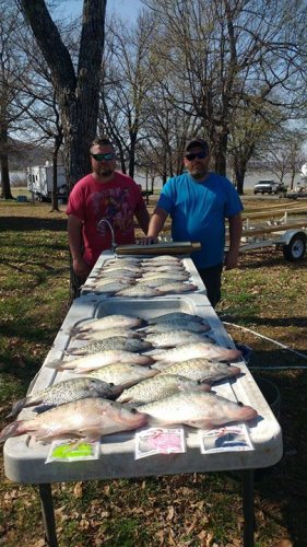 Man this weather was so nice today. High wind but so nice and warm. My good buddy, David  Gilmore and Jerry Renolds. Slinging in these fish today. It was a shallow bite today. Had a lot of quality crappie. David using a catch and release program Jerry and I could not figure out lol. #lakeforktackle is incredibly addictive.