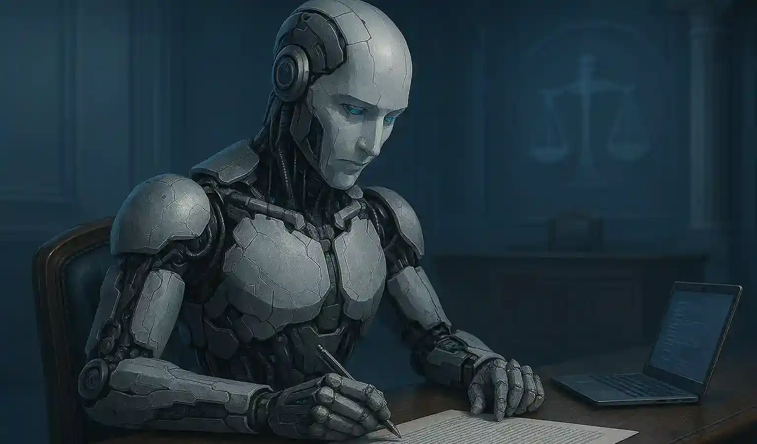 Futuristic humanoid robot drafting legal documents in a courtroom amid 2025 AI ethics concerns.