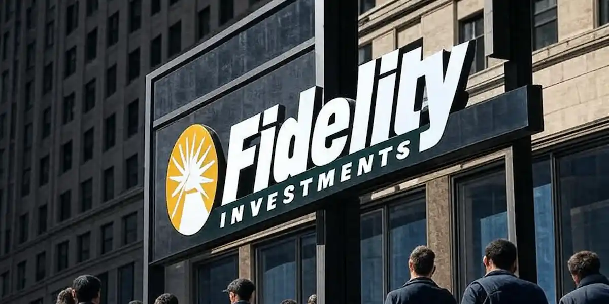 Fidelity Investments sign outside a U.S. office building with people in 2025.
