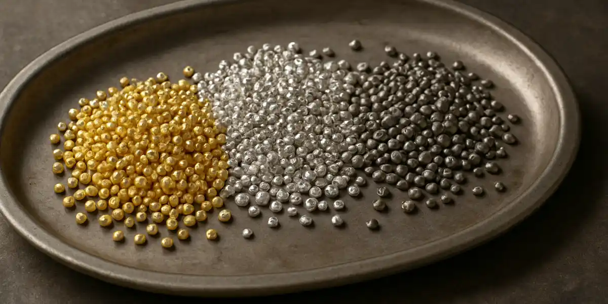 Gold, silver, and platinum granules neatly arranged on a metal tray