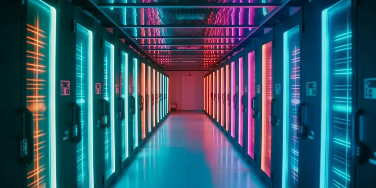 Neon-lit AI data centre server racks and glowing cables, futuristic aesthetic