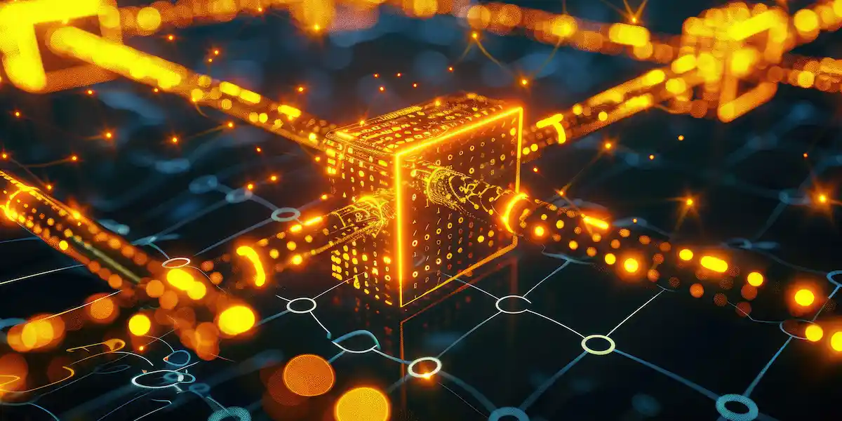 3D illustration of digital blockchain data transfer between network nodes