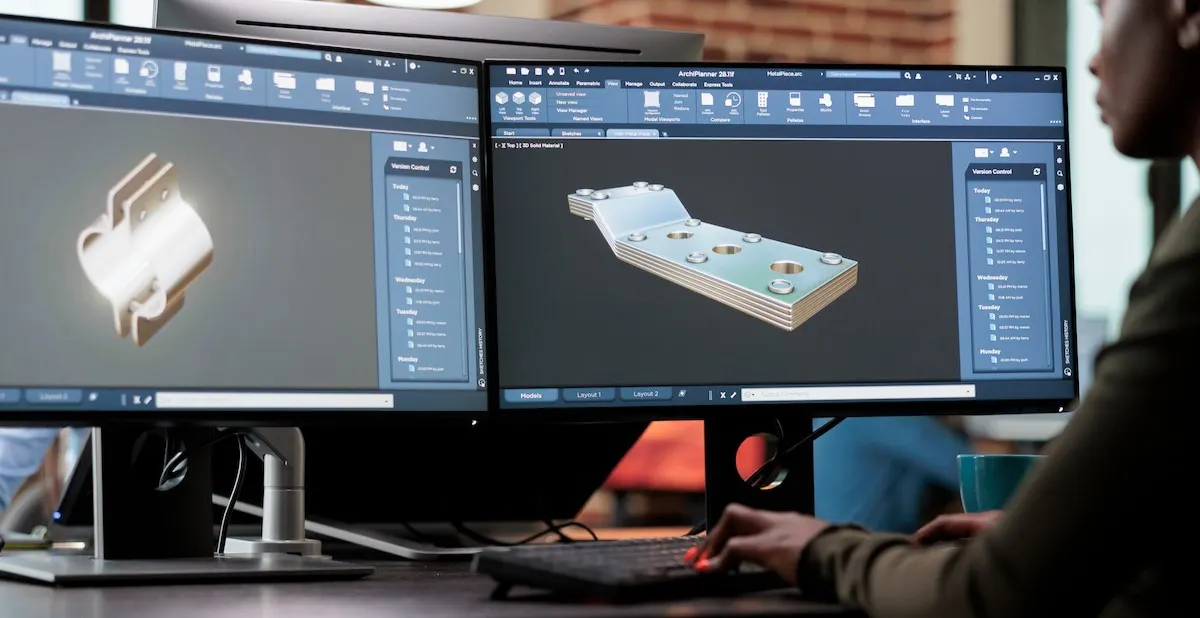Computer-aided design software showing 3D mechanical parts on dual monitors.