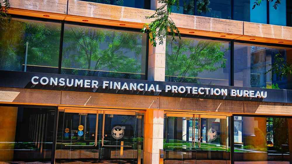 Front entrance of the Consumer Financial Protection Bureau (CFPB) headquarters in Washington, D.C.