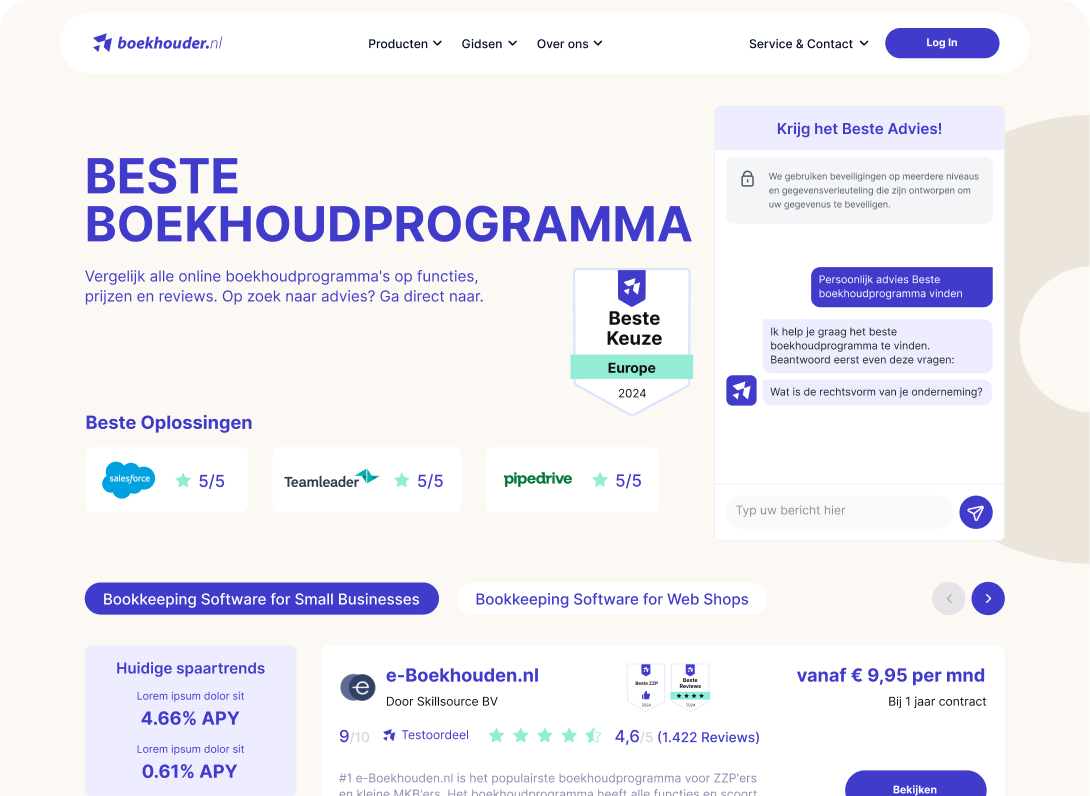 Vergelijk bankrekeningen, creditcards, boekhoudsoftware, leningen en nog veel meer.