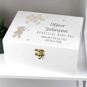 Personalised Teddy & Balloons Wooden Keepsake Box