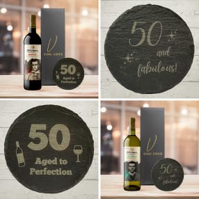 19 Crimes Red Wine & Sauvignon Blanc Gift Sets with 50th Birthday Slate Coaster