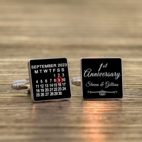 Personalised 1st Wedding Anniversary Silver Finish Calendar Date Square Cufflinks