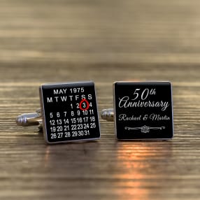 Personalised 50th Wedding Anniversary Silver Finish Calendar Date Square Cufflinks