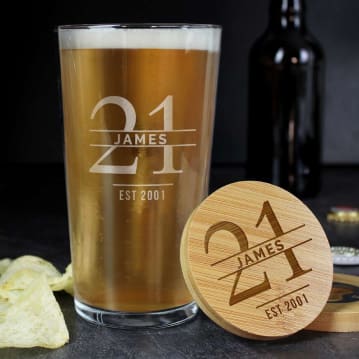 Personalised Pint Glass & Bamboo Bottle Opener Coaster Sets