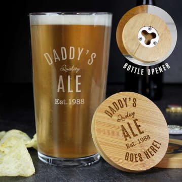Personalised Pint Glass & Bamboo Bottle Opener Coaster Sets