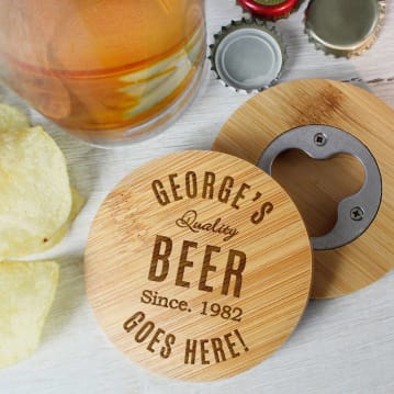 Personalised Pint Glass & Bamboo Bottle Opener Coaster Sets