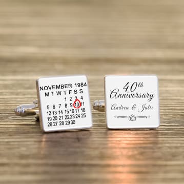 Personalised 40th Wedding Anniversary Silver Finish Calendar Date Square Cufflinks
