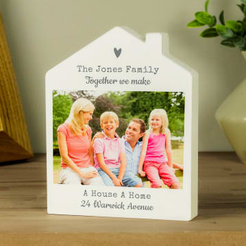Personalised Grey Heart Photo Upload Wooden House Ornament