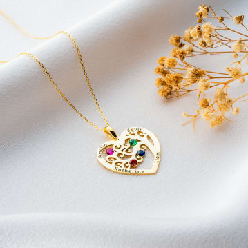 Personalised Heart-Shaped Family Tree Necklace with Birthstone