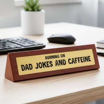 "Dad Running on Jokes and Caffeine" Wooden Desk Sign