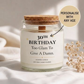 Personalised Birthday Candle - "Too Glam to Give a Damn"