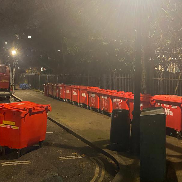 Recycling bins on a TV production set — sustainable waste solutions for film crews
