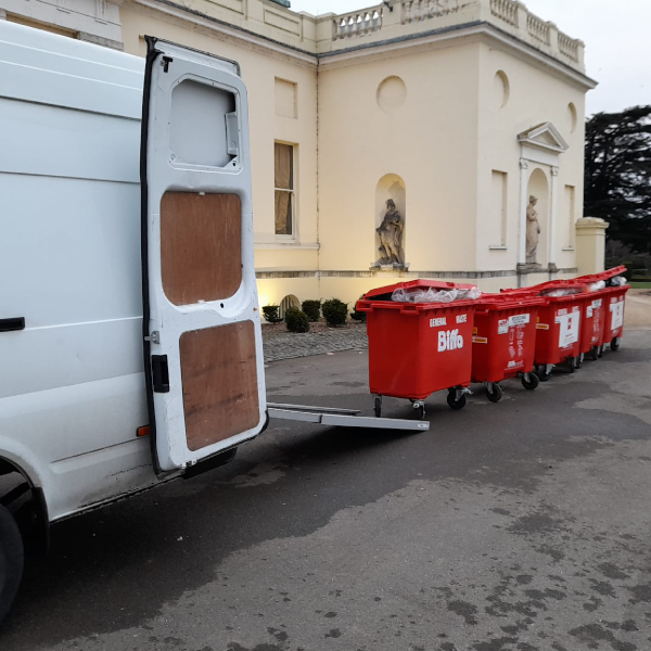 Recycling bins positioned at a film or TV location for easy crew access