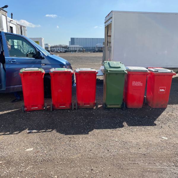 Waste recycling bins on a UK film set — free bins supplied and collected