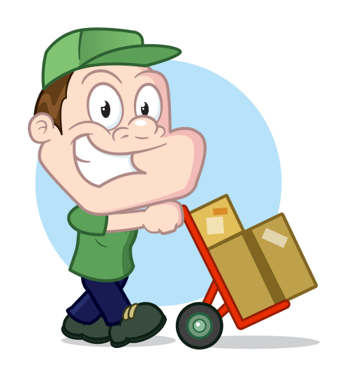 Driver Dan moving boxes on a trolley