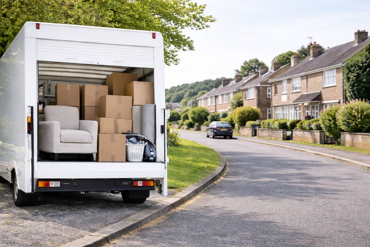 Removal van with boxes and protected furniture ready for transport