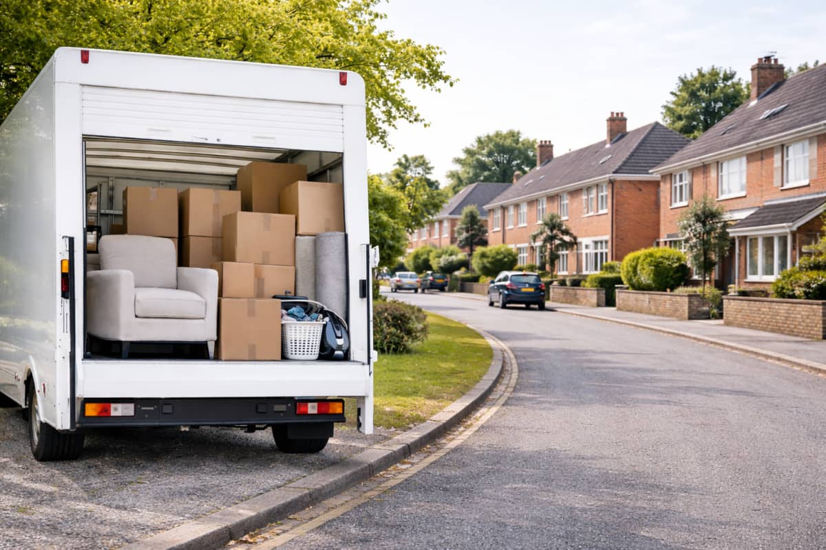 Removal van with boxes and protected furniture ready for transport